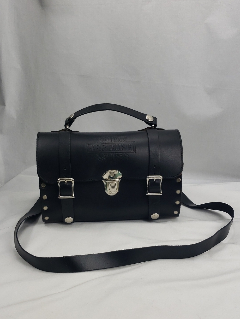 Harley-Davidson Black Leather Studded Barrel Bag / Crossbody